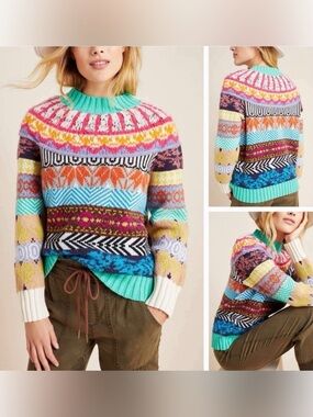 Anthropologie Ryan Fair Isle Multicolor Vibrant Wool blend Sweater XS Festival